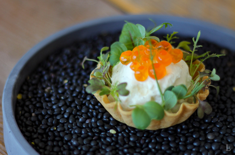 Tartelettes mit Saiblingcrème, Staudenselleriekern & Crème-fraîche-Espuma